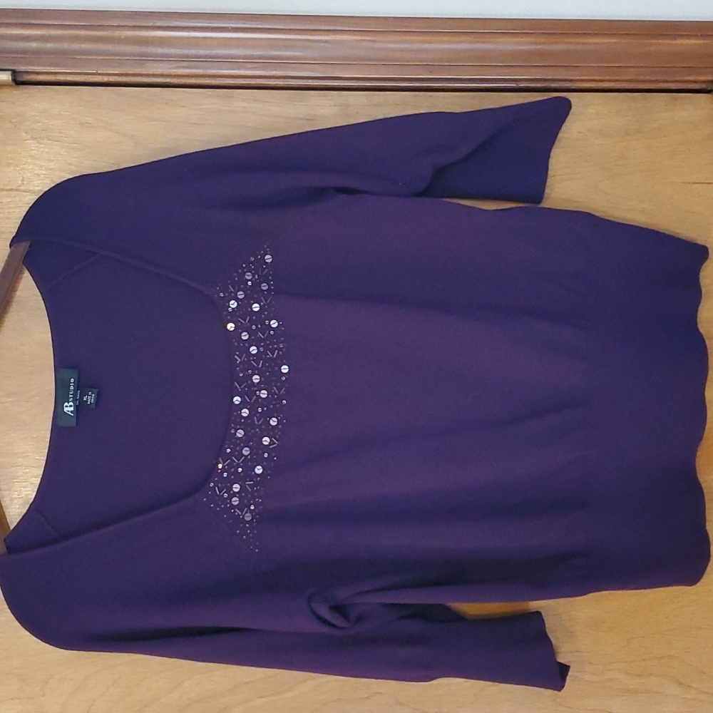 AB Studio sweater, eggplant purple, beading, XL